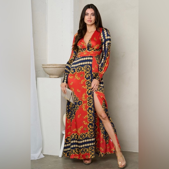 164 Women’s Long Sleeve V Neck Print Maxi Dress - Picture 2 of 5